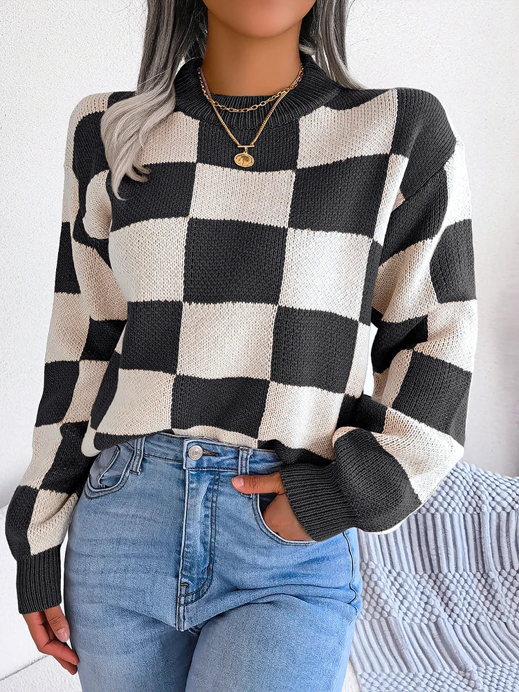 Women Sweaters- Cozy Checkerboard Lantern Sleeve Sweater 🧡- - IndioGear.com