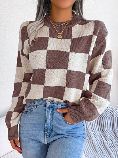 Women Sweaters- Cozy Checkerboard Lantern Sleeve Sweater 🧡- - IndioGear.com