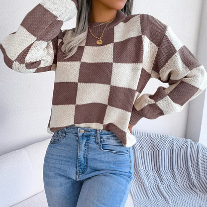 Women Sweaters- Cozy Checkerboard Lantern Sleeve Sweater 🧡- Dark Brown- IndioGear.com