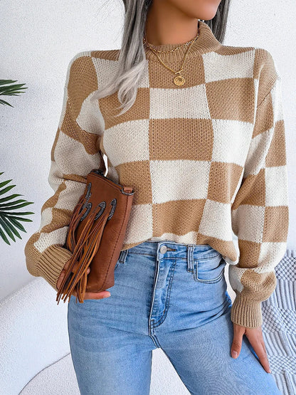 Women Sweaters- Cozy Checkerboard Lantern Sleeve Sweater 🧡- - IndioGear.com