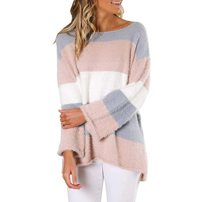 Women Sweaters- Cozy Oversized Stiped Fleece Pullovers- Pink- IndioGear.com