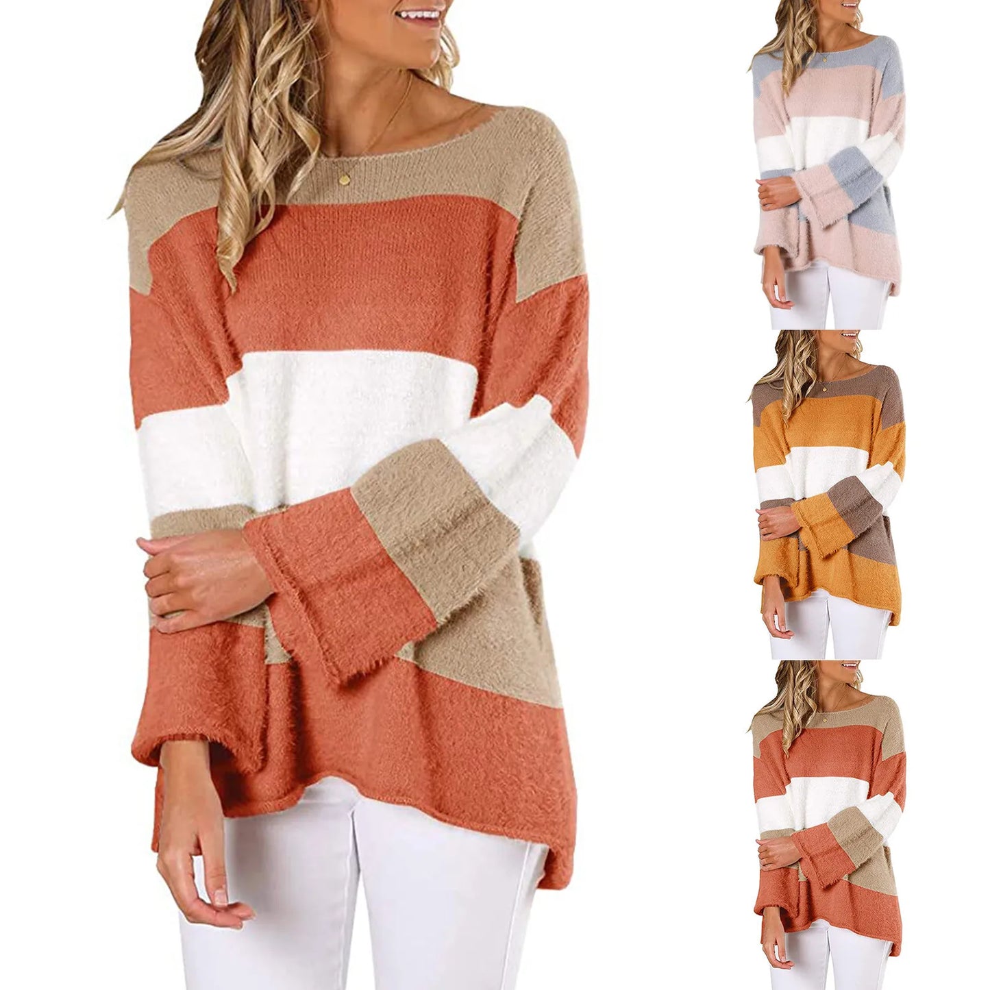 Women Sweaters- Cozy Oversized Stiped Fleece Pullovers- - IndioGear.com