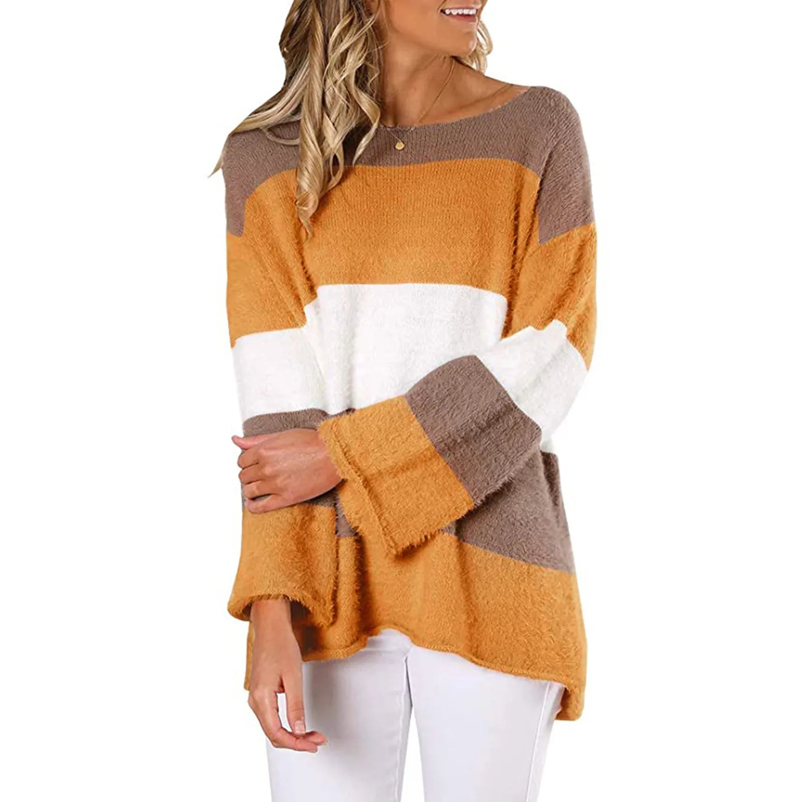 Women Sweaters- Cozy Oversized Stiped Fleece Pullovers- Yellow- IndioGear.com