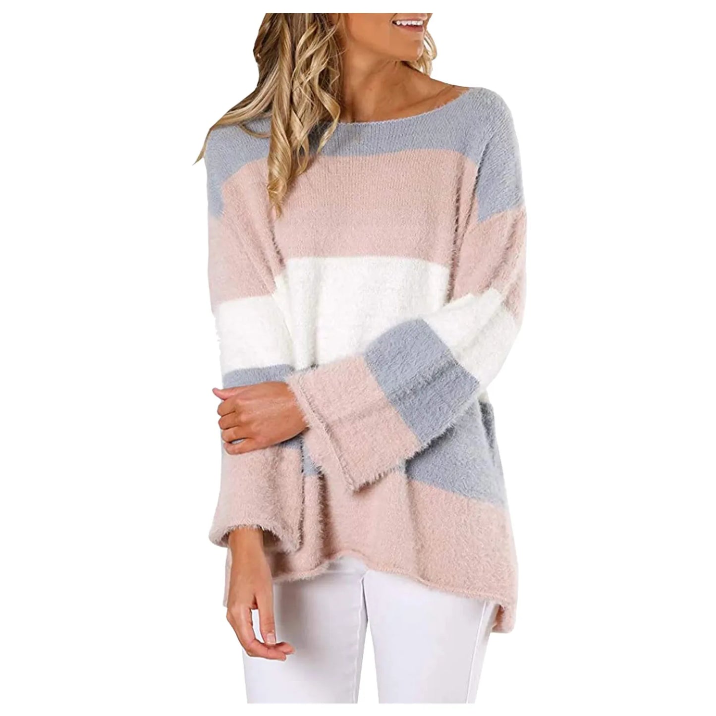 Women Sweaters- Cozy Oversized Stiped Fleece Pullovers- - IndioGear.com