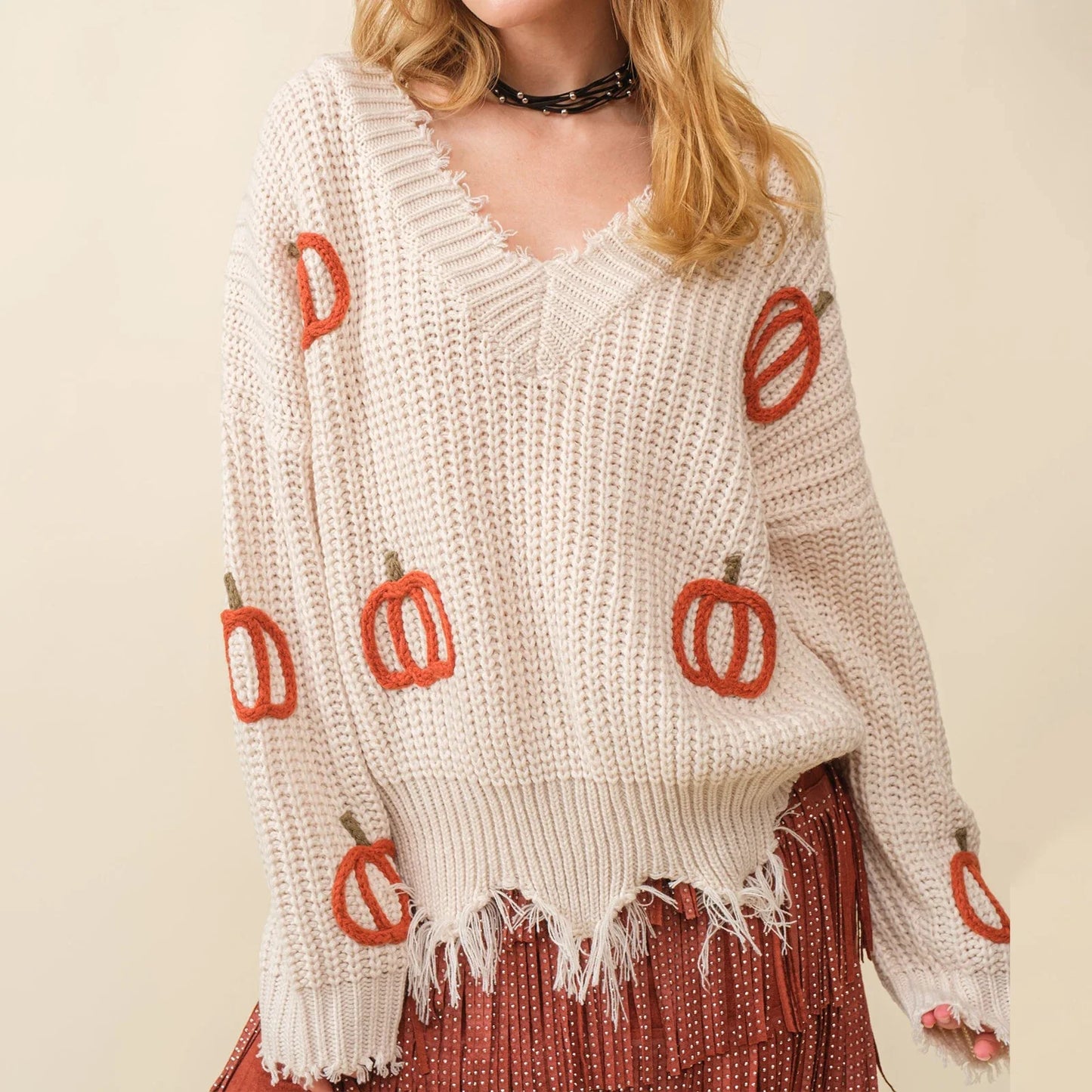 Women Sweaters- 🎃 Distressed Pumpkin Pullover – Fall Favorite!- - IndioGear.com