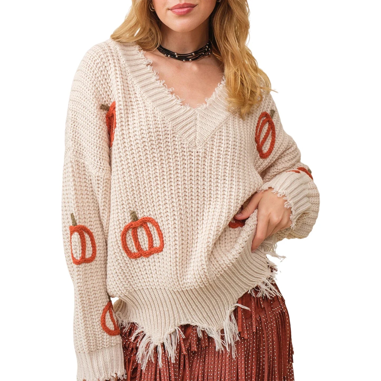 Women Sweaters- 🎃 Distressed Pumpkin Pullover – Fall Favorite!- Apricot- IndioGear.com