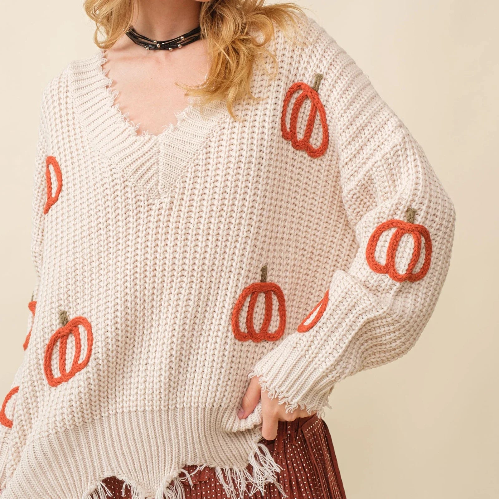 Women Sweaters- 🎃 Distressed Pumpkin Pullover – Fall Favorite!- - IndioGear.com