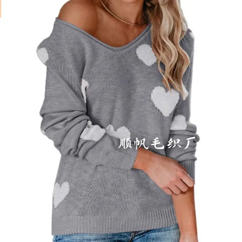 Women Sweaters- Scoop Neck Cold Shoulder Girly Hearts Sweaters- - IndioGear.com