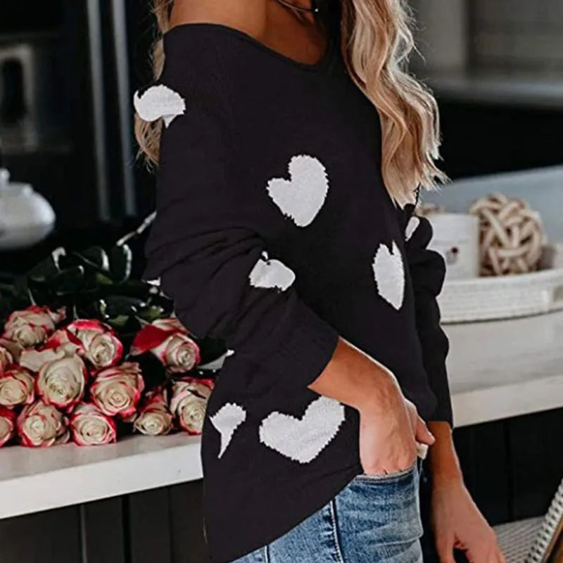 Women Sweaters- Scoop Neck Cold Shoulder Girly Hearts Sweaters- - IndioGear.com