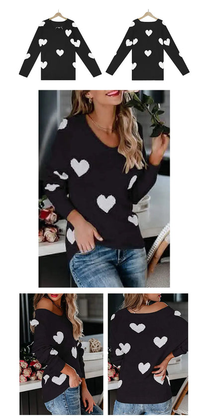 Women Sweaters- Scoop Neck Cold Shoulder Girly Hearts Sweaters- - IndioGear.com