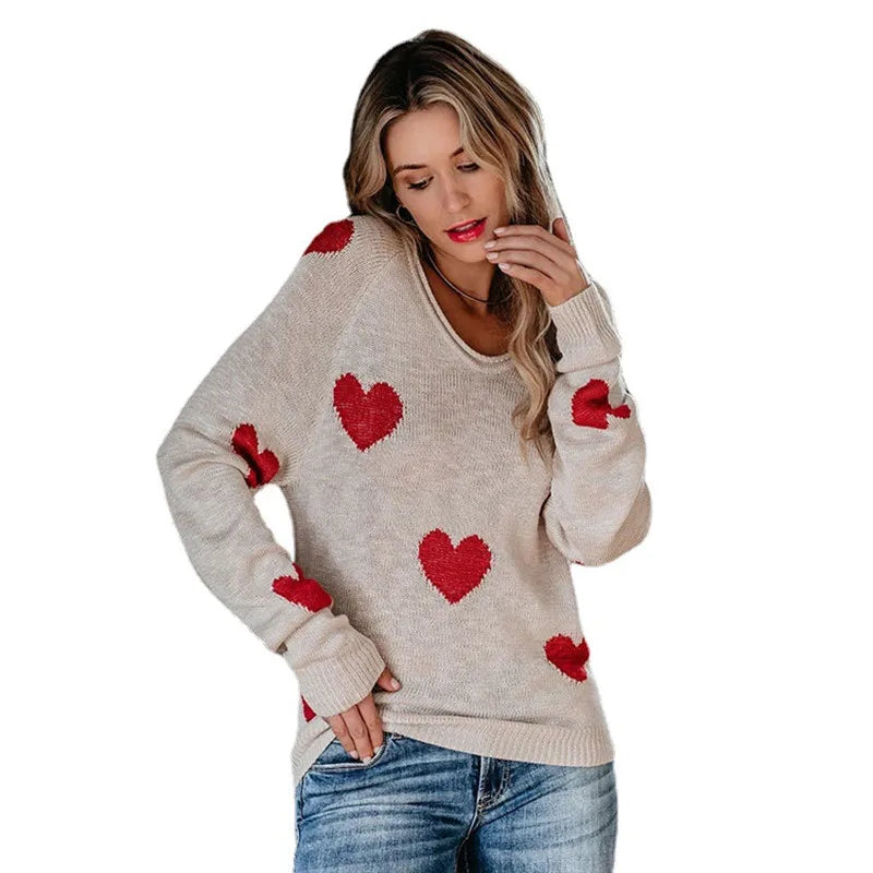 Women Sweaters- Scoop Neck Cold Shoulder Girly Hearts Sweaters- - IndioGear.com