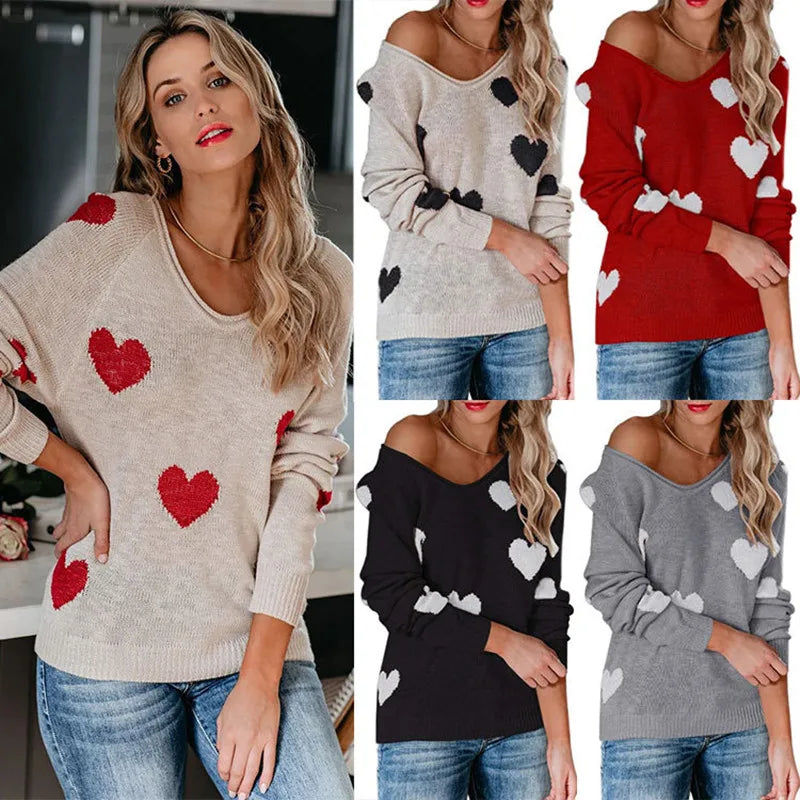 Women Sweaters- Scoop Neck Cold Shoulder Girly Hearts Sweaters- - IndioGear.com