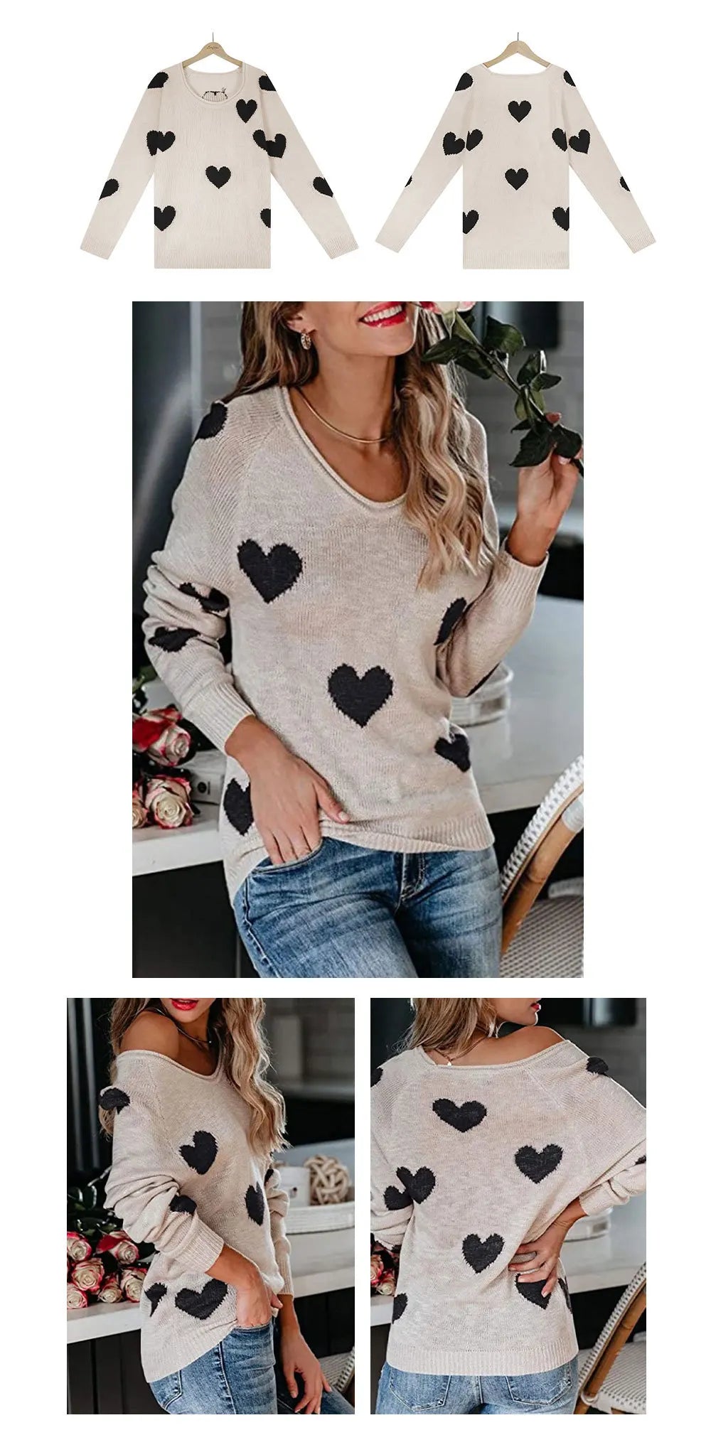 Women Sweaters- Scoop Neck Cold Shoulder Girly Hearts Sweaters- - IndioGear.com