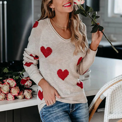 Women Sweaters- Scoop Neck Cold Shoulder Girly Hearts Sweaters- - IndioGear.com