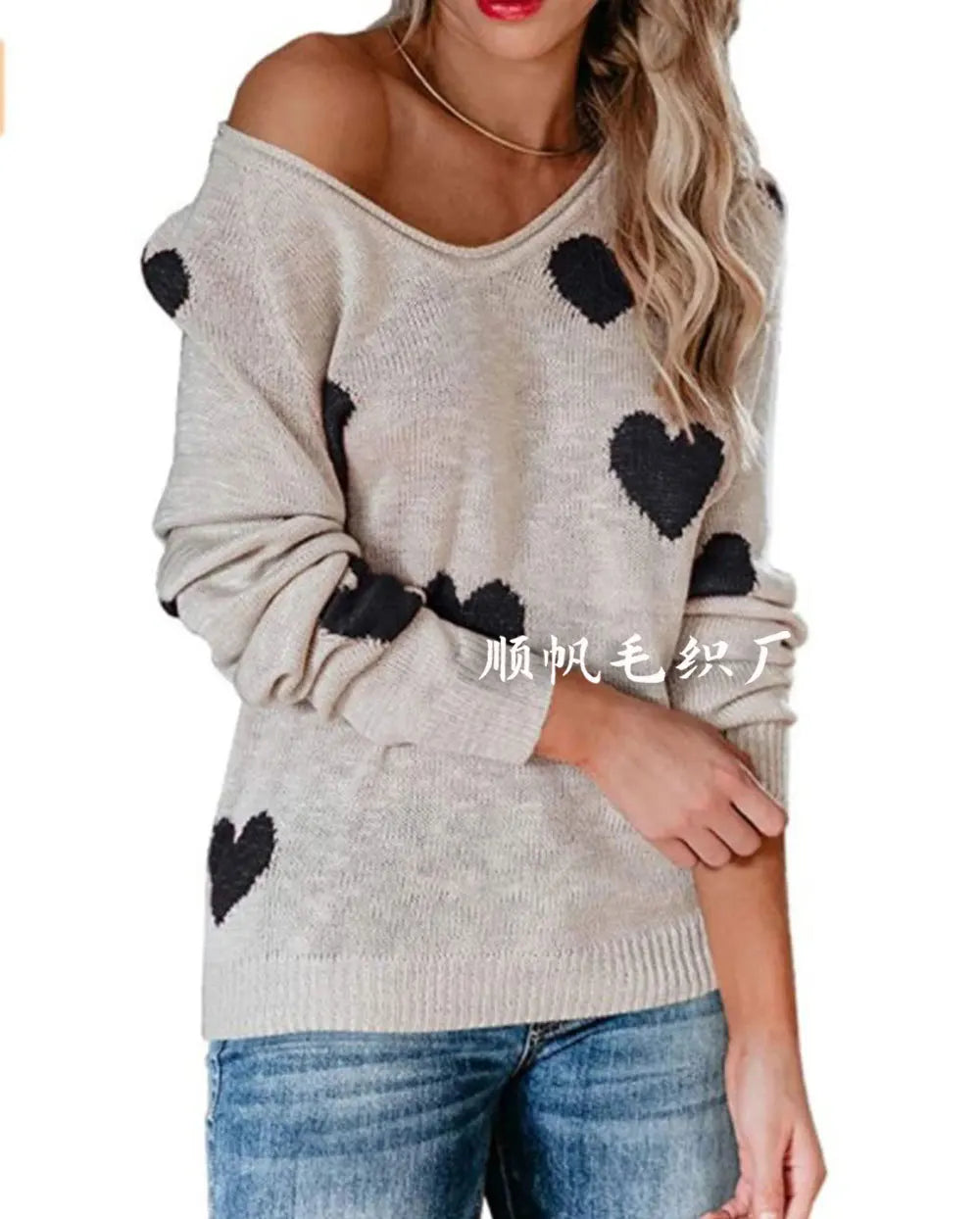 Women Sweaters- Scoop Neck Cold Shoulder Girly Hearts Sweaters- White- IndioGear.com