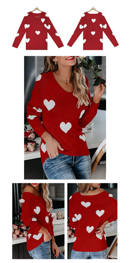 Women Sweaters- Scoop Neck Cold Shoulder Girly Hearts Sweaters- - IndioGear.com