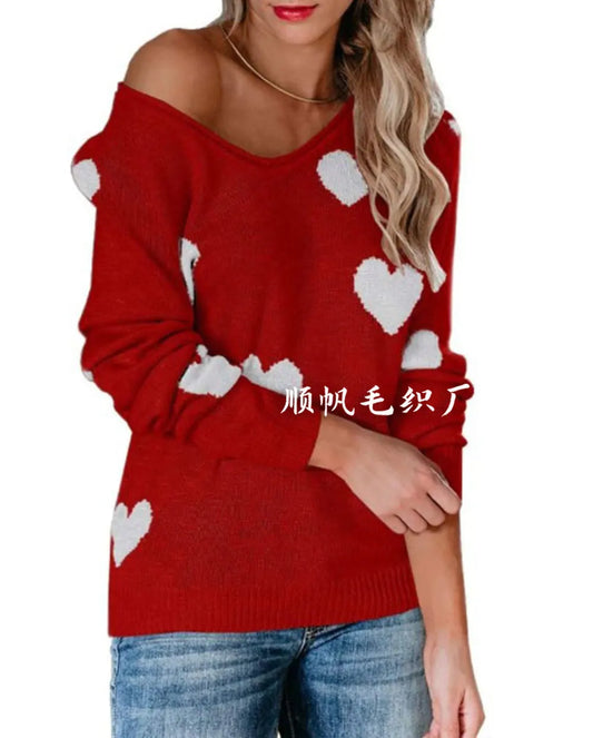 Women Sweaters- Scoop Neck Cold Shoulder Girly Hearts Sweaters- Red- IndioGear.com