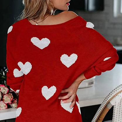 Women Sweaters- Scoop Neck Cold Shoulder Girly Hearts Sweaters- - IndioGear.com