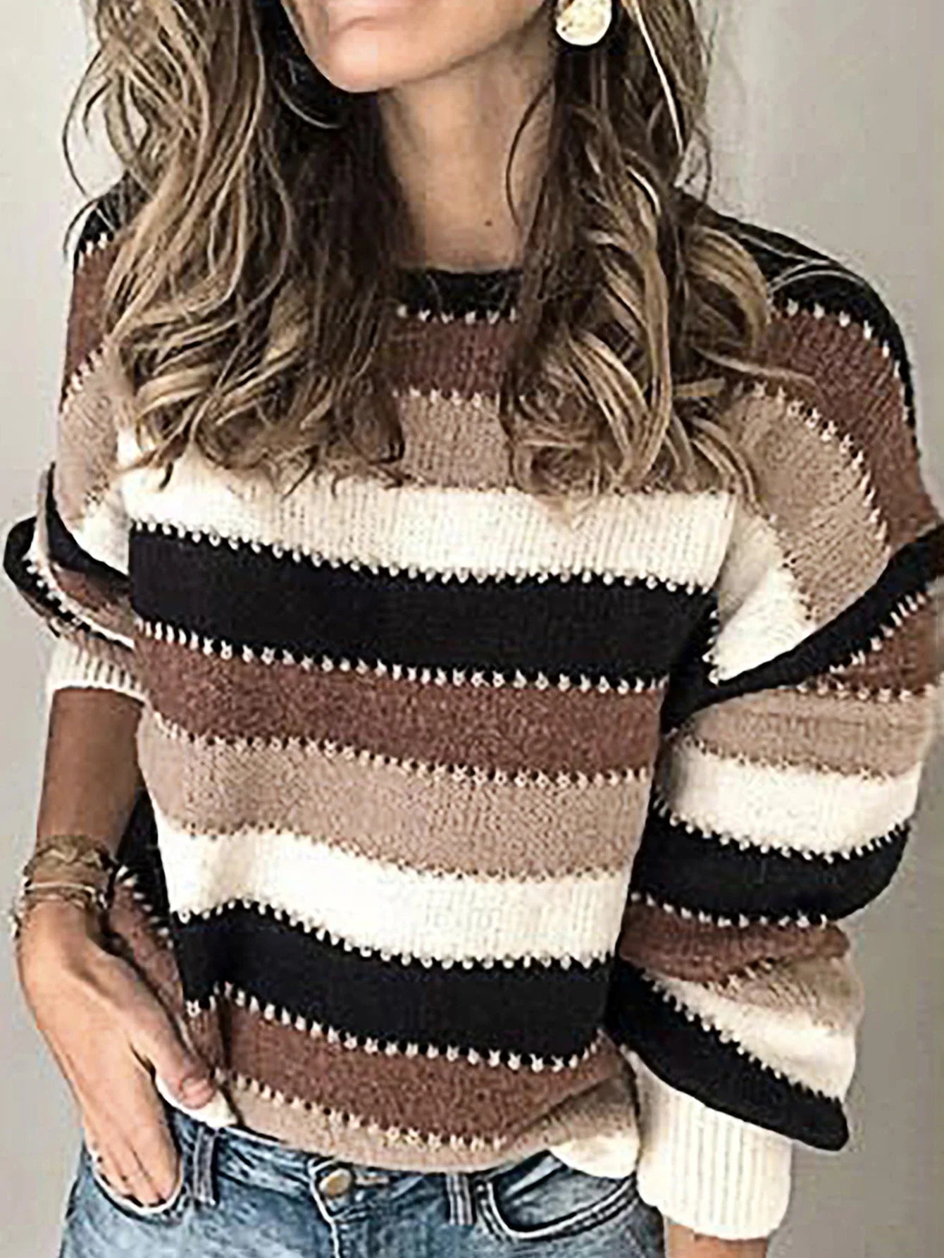 Women Sweaters- Scooped Neck Brown Striped Ribbed Knit Sweaters- - IndioGear.com