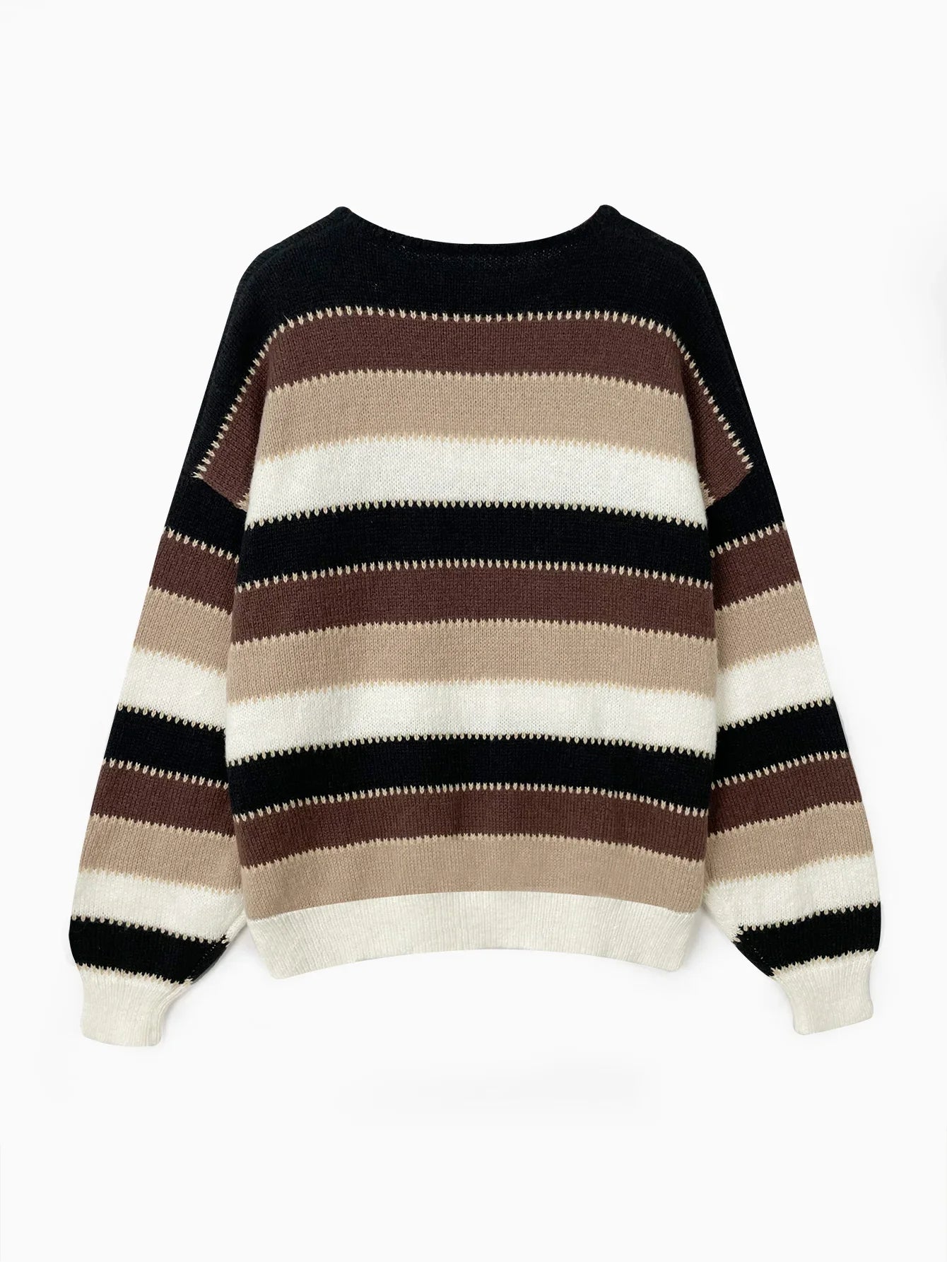 Women Sweaters- Scooped Neck Brown Striped Ribbed Knit Sweaters- - IndioGear.com