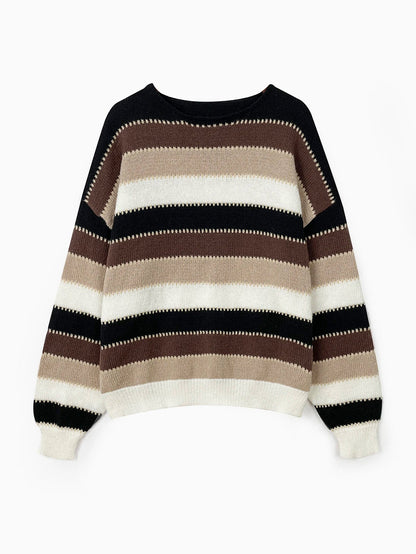 Women Sweaters- Scooped Neck Brown Striped Ribbed Knit Sweaters- - IndioGear.com