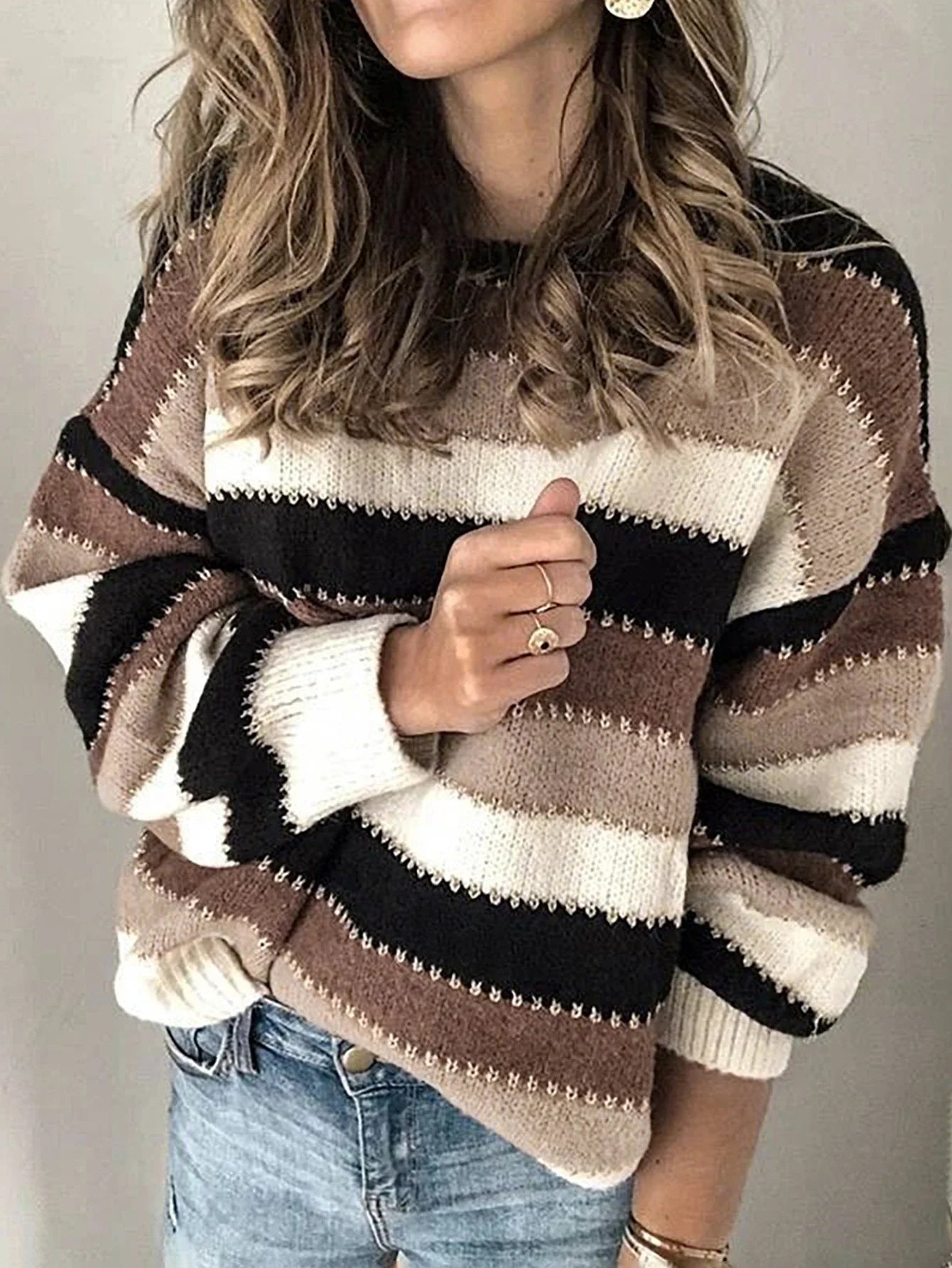 Women Sweaters- Scooped Neck Brown Striped Ribbed Knit Sweaters- Brown- IndioGear.com