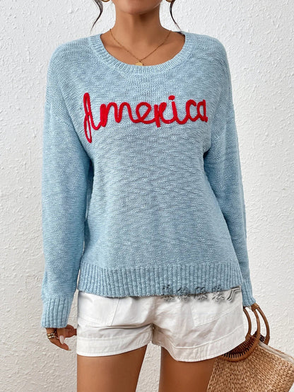 Women Sweaters- Scooped Neck Solid Knit Sweaters Bold America- Blue- IndioGear.com