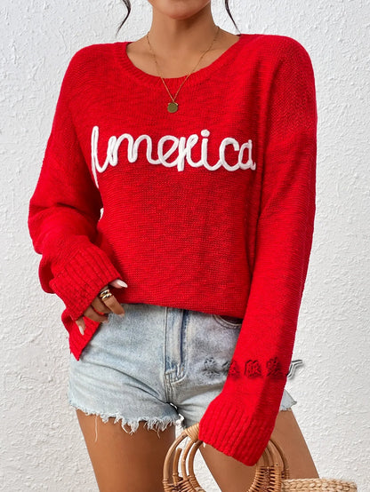 Women Sweaters- Scooped Neck Solid Knit Sweaters Bold America- - IndioGear.com