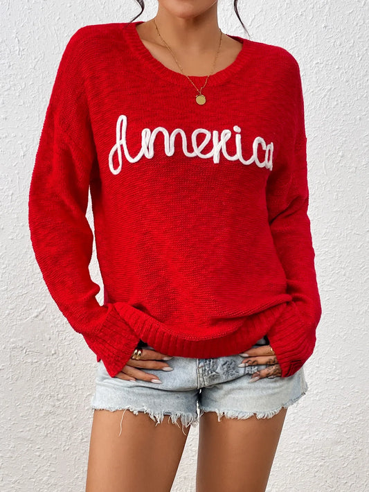 Women Sweaters- Scooped Neck Solid Knit Sweaters Bold America- Red- IndioGear.com