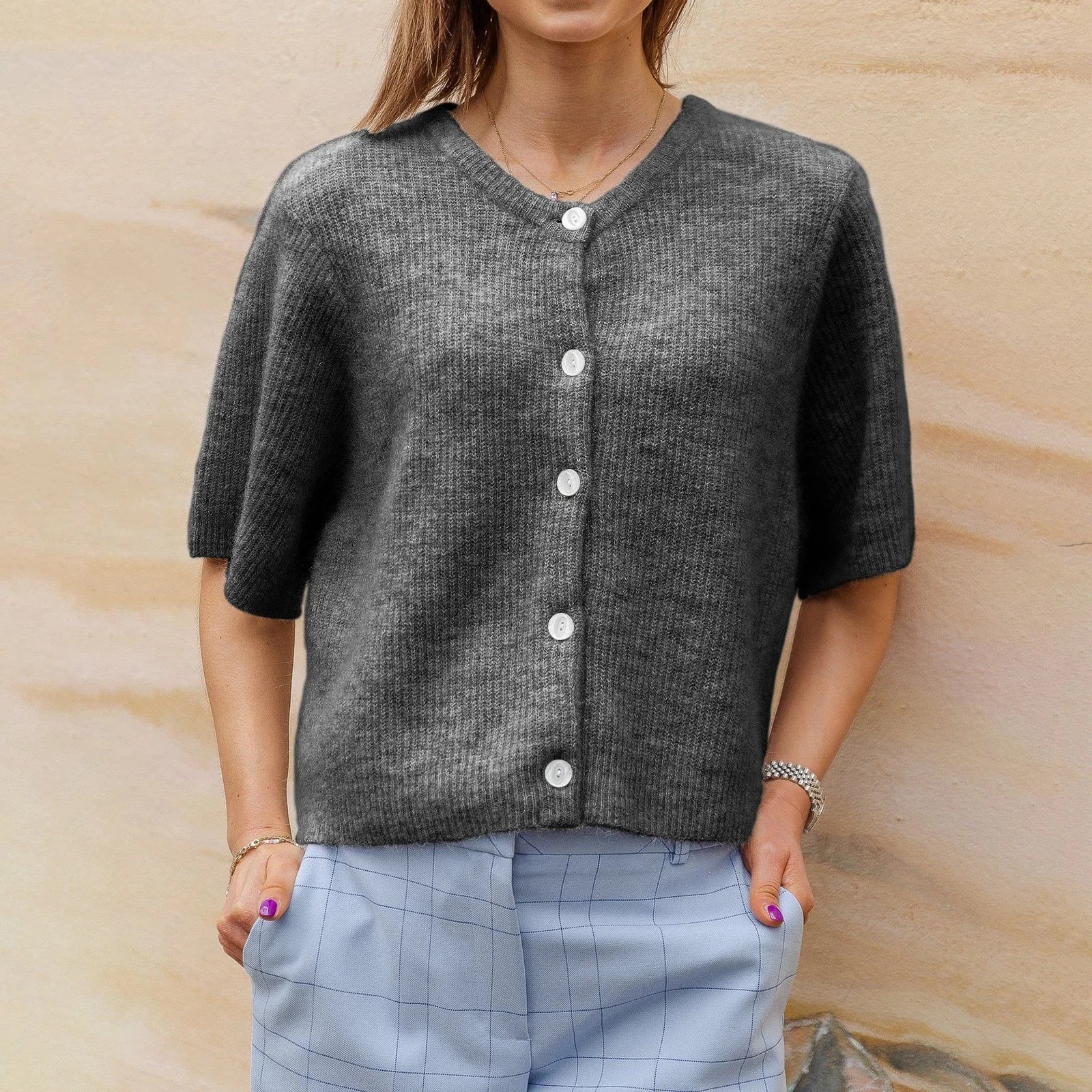 Women Sweaters- Short-Sleeve Knit Cardigan - Versatile & Stylish- Dark Gray- IndioGear.com