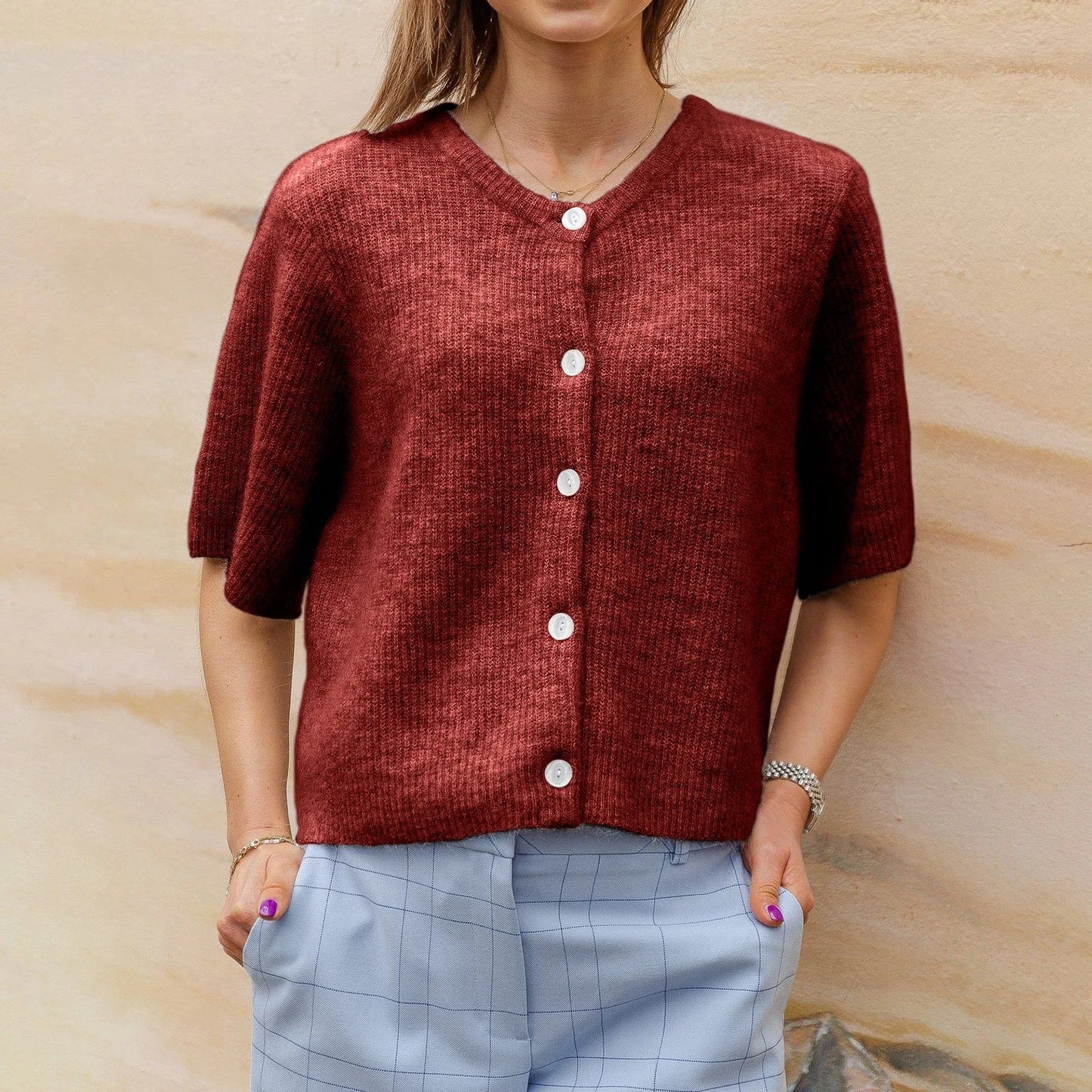 Women Sweaters- Short-Sleeve Knit Cardigan - Versatile & Stylish- Dark Rust- IndioGear.com