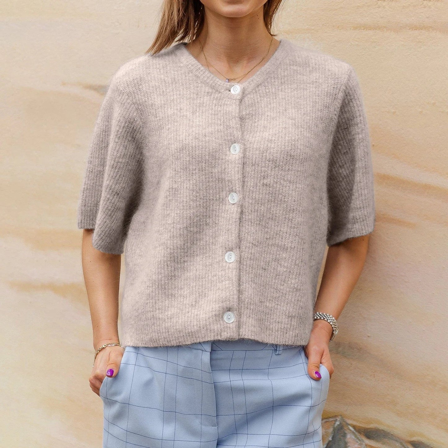 Women Sweaters- Short-Sleeve Knit Cardigan - Versatile & Stylish- Malted- IndioGear.com