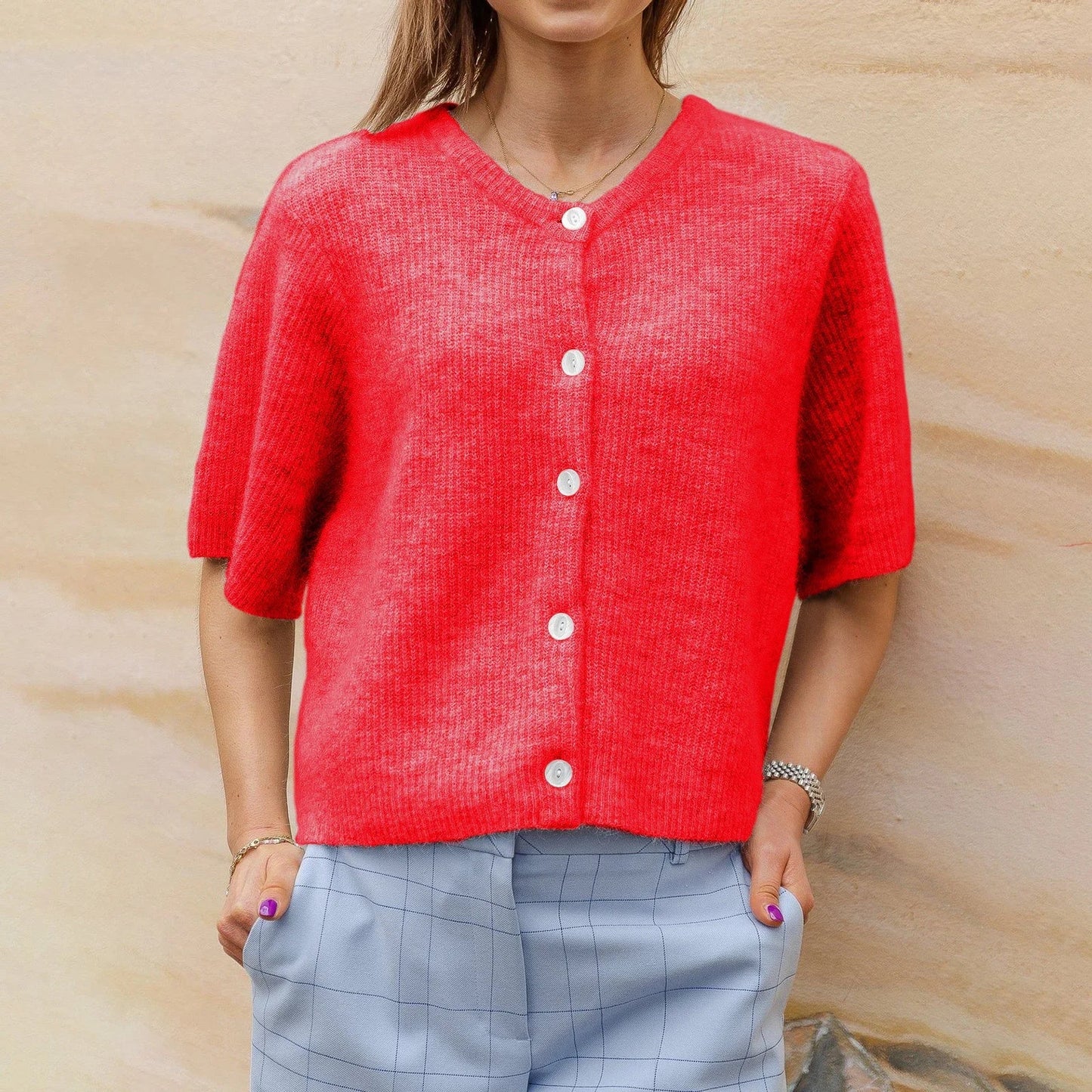 Women Sweaters- Short-Sleeve Knit Cardigan - Versatile & Stylish- Red- IndioGear.com