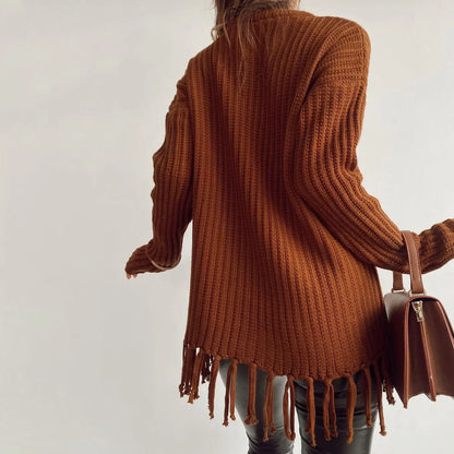 Women Sweaters- Tassel Hem Knit Pullover – Winter Essential Sweater- - IndioGear.com