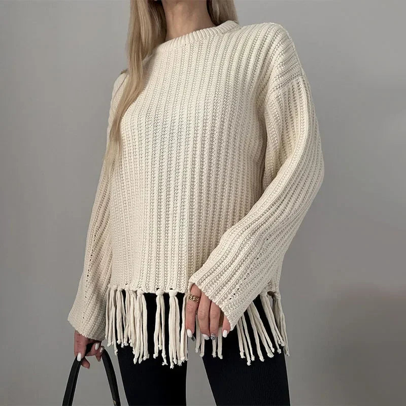 Women Sweaters- Tassel Hem Knit Pullover – Winter Essential Sweater- Apricot- IndioGear.com