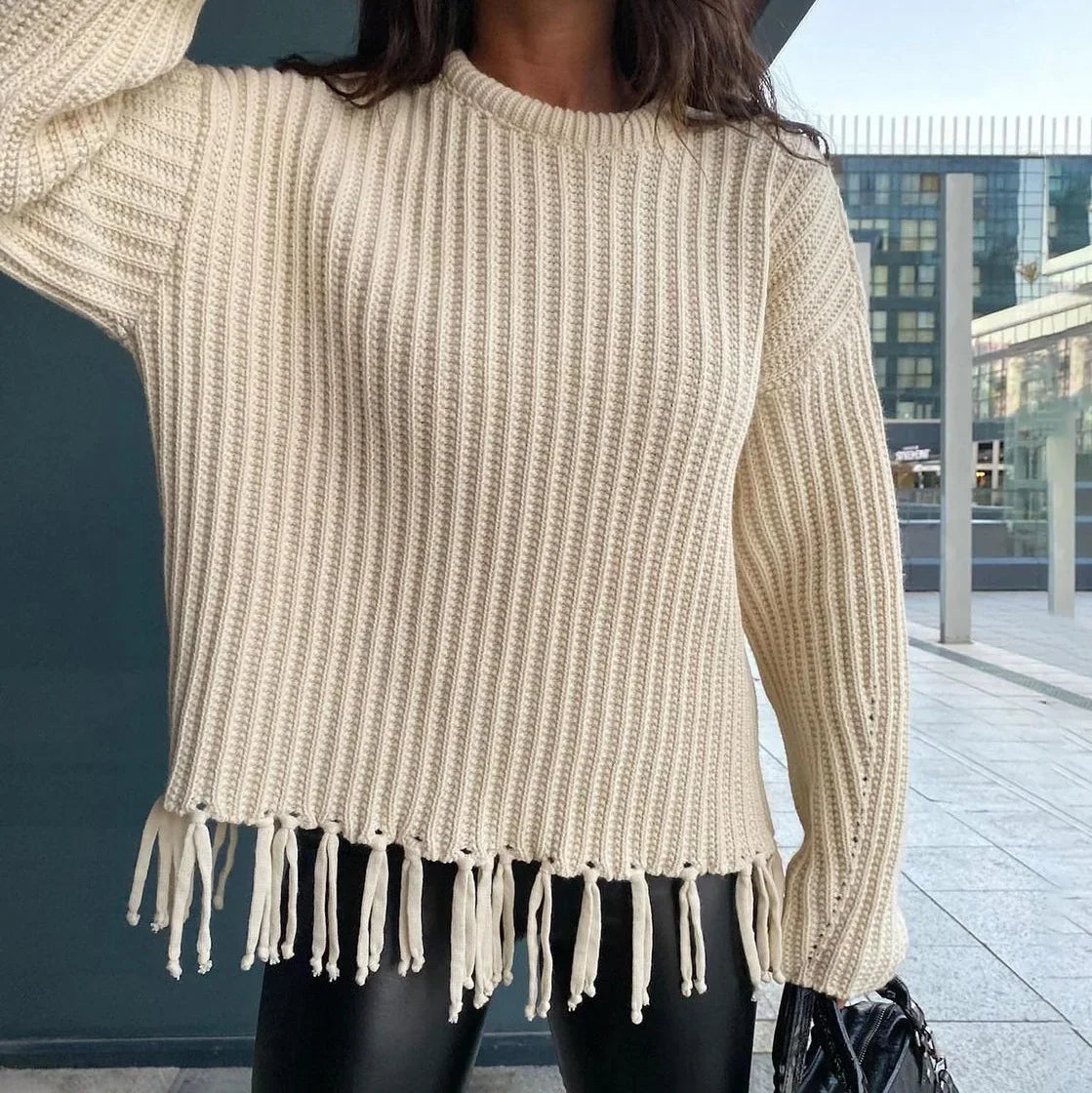 Women Sweaters- Tassel Hem Knit Pullover – Winter Essential Sweater- - IndioGear.com