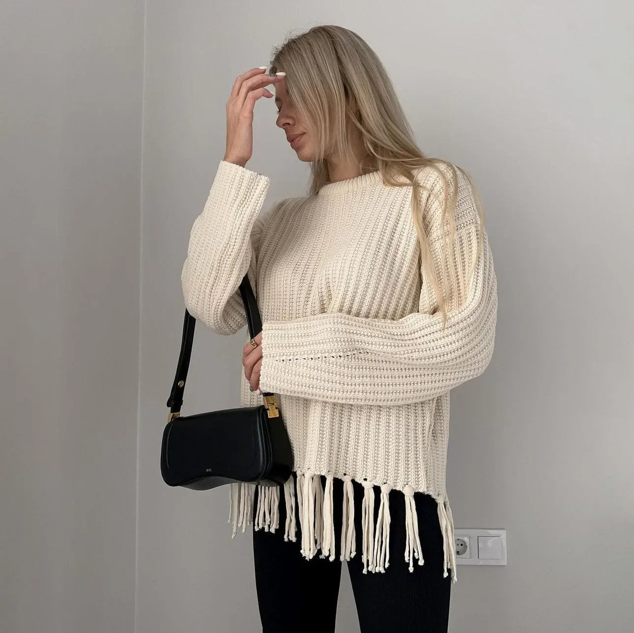 Women Sweaters- Tassel Hem Knit Pullover – Winter Essential Sweater- - IndioGear.com