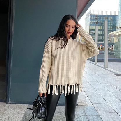 Women Sweaters- Tassel Hem Knit Pullover – Winter Essential Sweater- - IndioGear.com