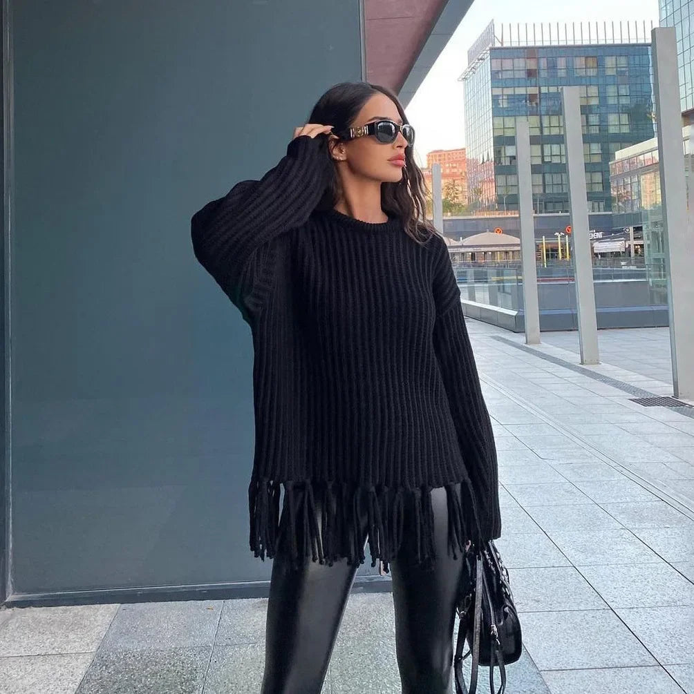 Women Sweaters- Tassel Hem Knit Pullover – Winter Essential Sweater- - IndioGear.com