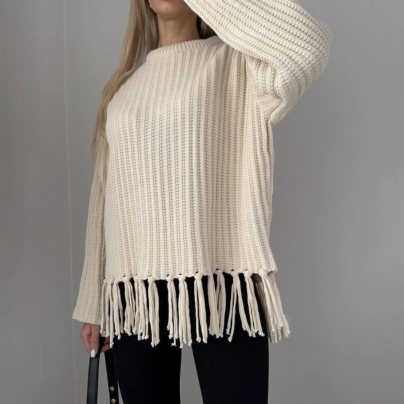 Women Sweaters- Tassel Hem Knit Pullover – Winter Essential Sweater- - IndioGear.com