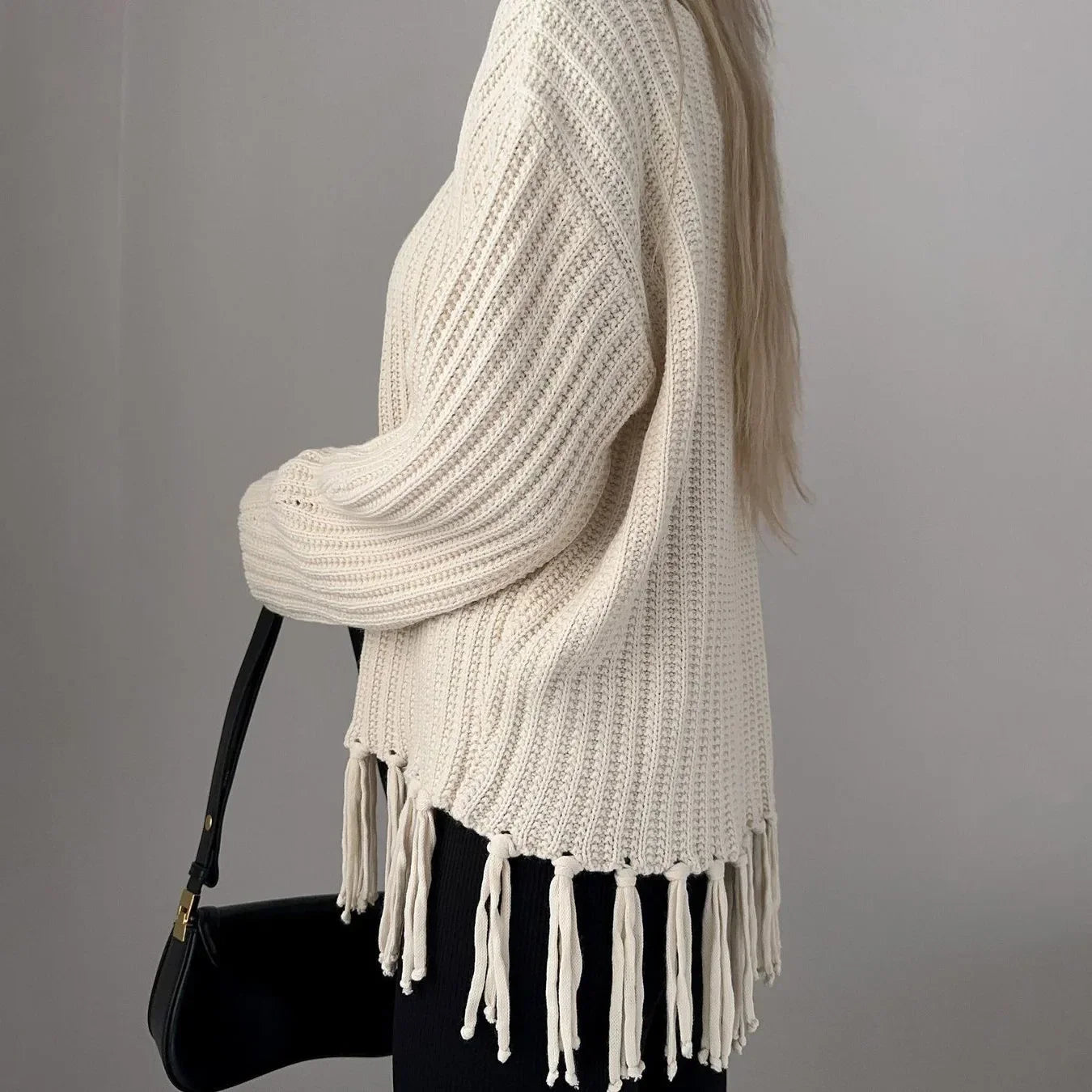 Women Sweaters- Tassel Hem Knit Pullover – Winter Essential Sweater- - IndioGear.com