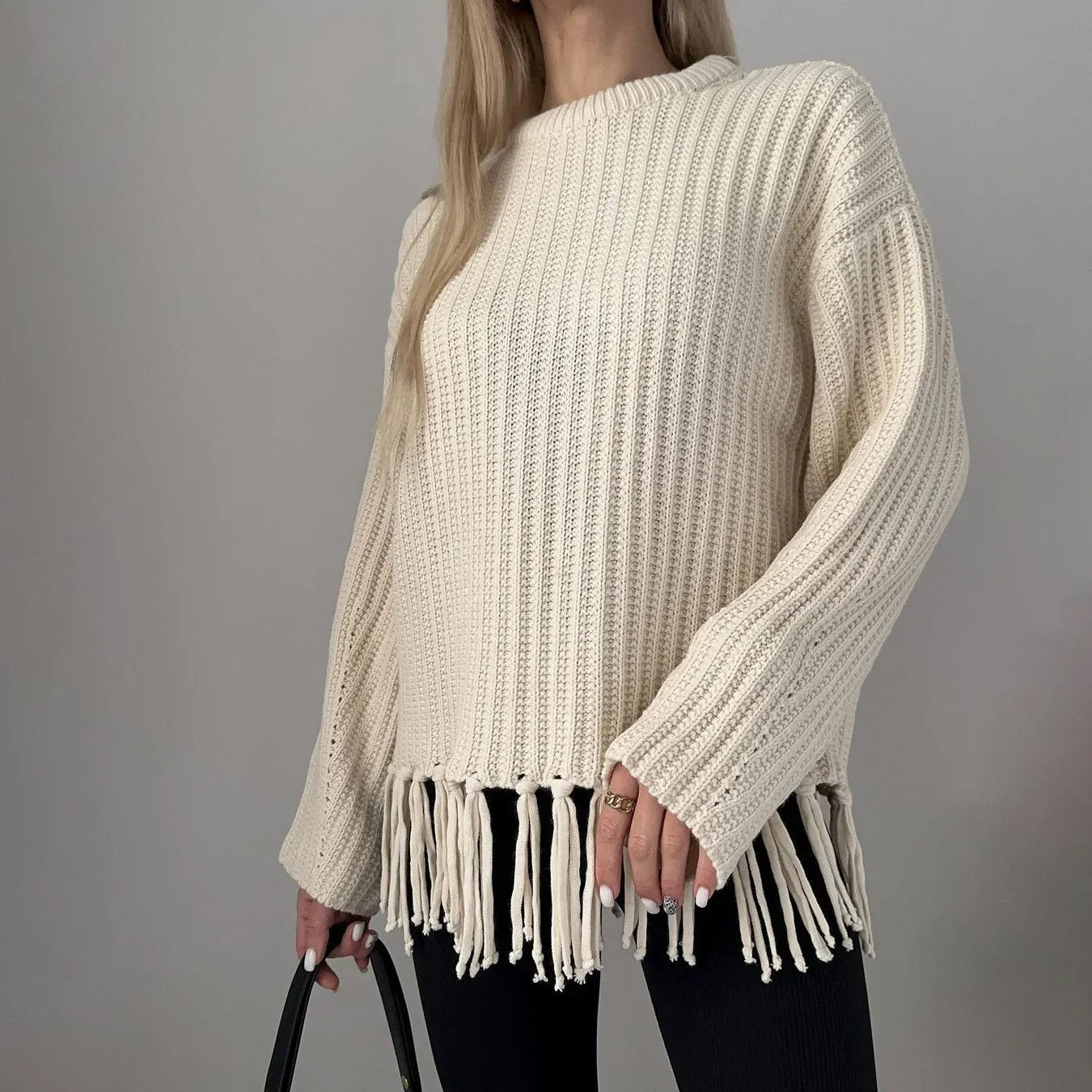 Women Sweaters- Tassel Hem Knit Pullover – Winter Essential Sweater- - IndioGear.com