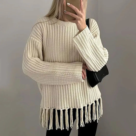 Women Sweaters- Tassel Hem Knit Pullover – Winter Essential Sweater- - IndioGear.com