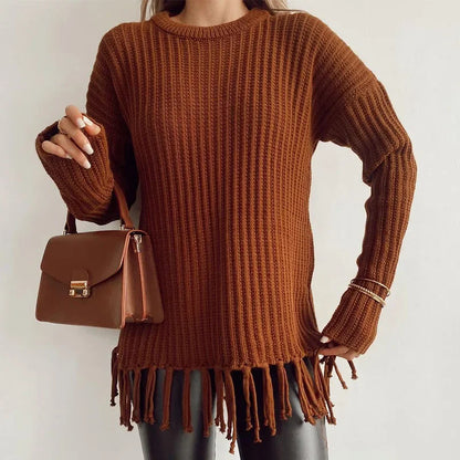 Women Sweaters- Tassel Hem Knit Pullover – Winter Essential Sweater- Brown- IndioGear.com