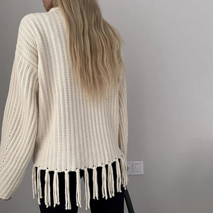 Women Sweaters- Tassel Hem Knit Pullover – Winter Essential Sweater- - IndioGear.com