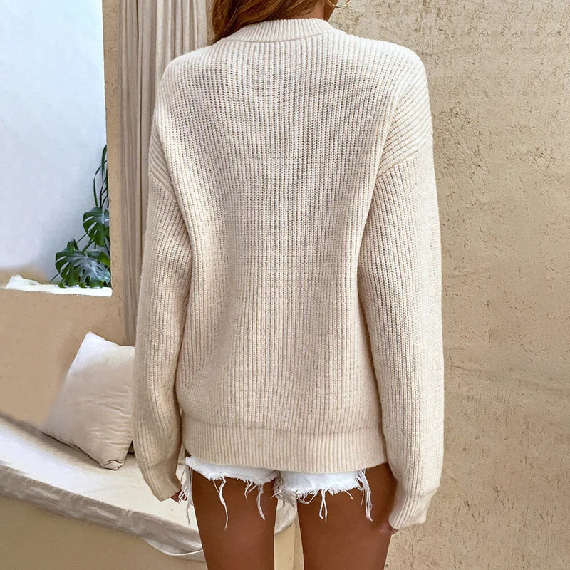 Women Sweaters- Thick Grain Rib Knit Henley Sweaters- - IndioGear.com