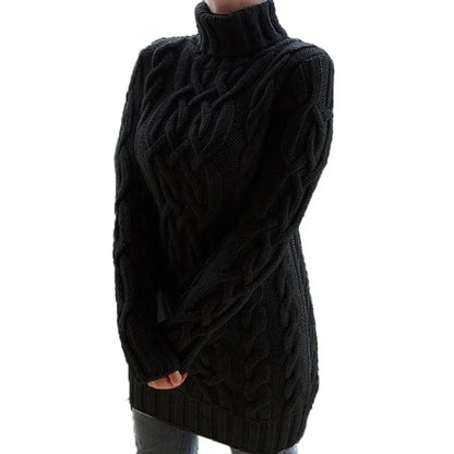 Women Sweaters- Turtle-neck Sweater Thick Cable Knit for Layering- Black- IndioGear.com