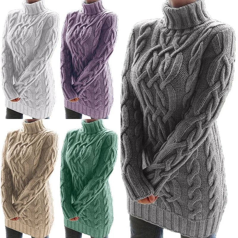 Women Sweaters- Turtle-neck Sweater Thick Cable Knit for Layering- - IndioGear.com