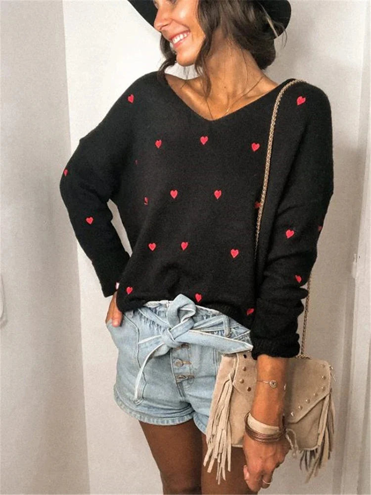 Women Sweaters- V Neck Cold Shoulder Mini Heart Sweater- Black- IndioGear.com