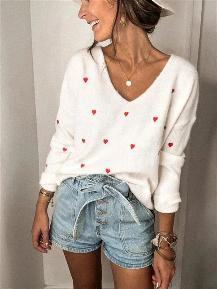 Women Sweaters- V Neck Cold Shoulder Mini Heart Sweater- White- IndioGear.com